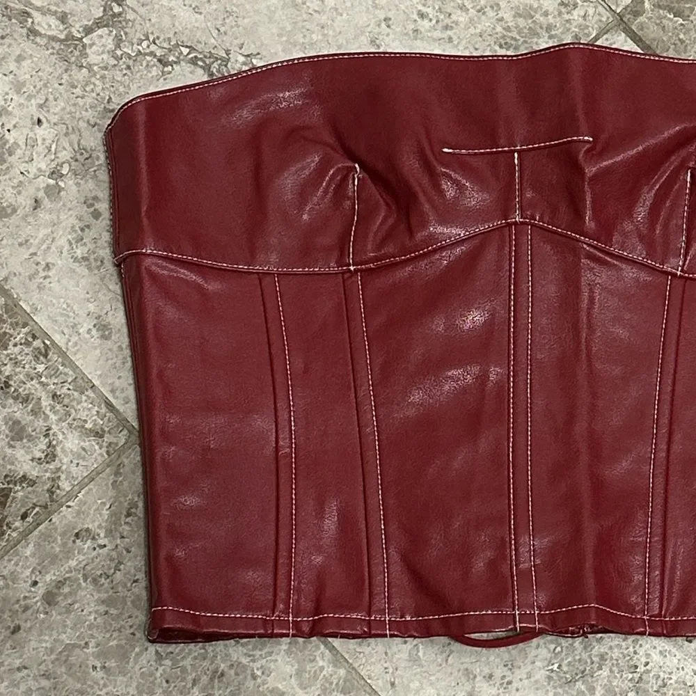 Edikted Moss Faux Leather Lace Up Corset Burgundry NEW Medium